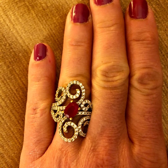 Silver & Bronze Ruby & Diamond Topaz Ring Size 8.5 - Picture 4 of 8